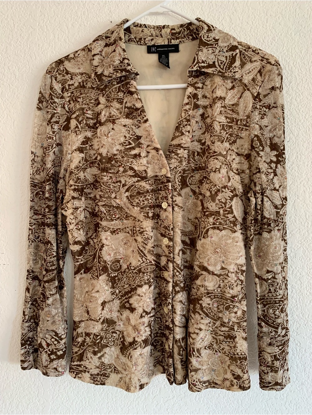 INC International Concepts Brown Floral Mesh Button-Front Top